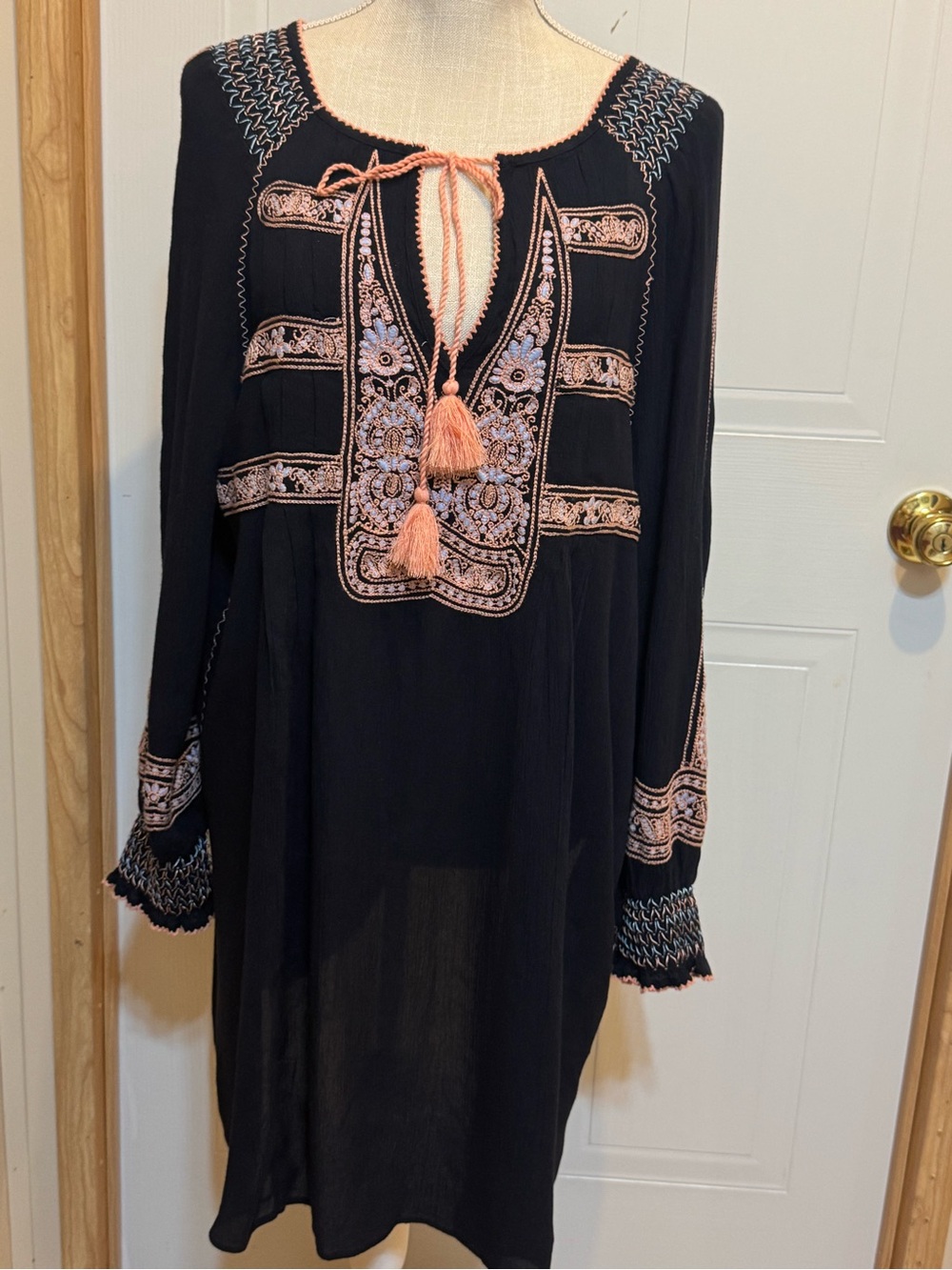 Free People Black Dress with Peach Embroidery and Tassels